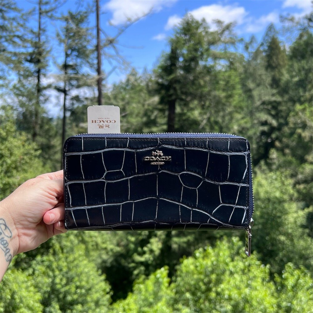 COACH Blue Croc Embossed Womens Long Zip-Around Accordion Wallet Silver Hardware